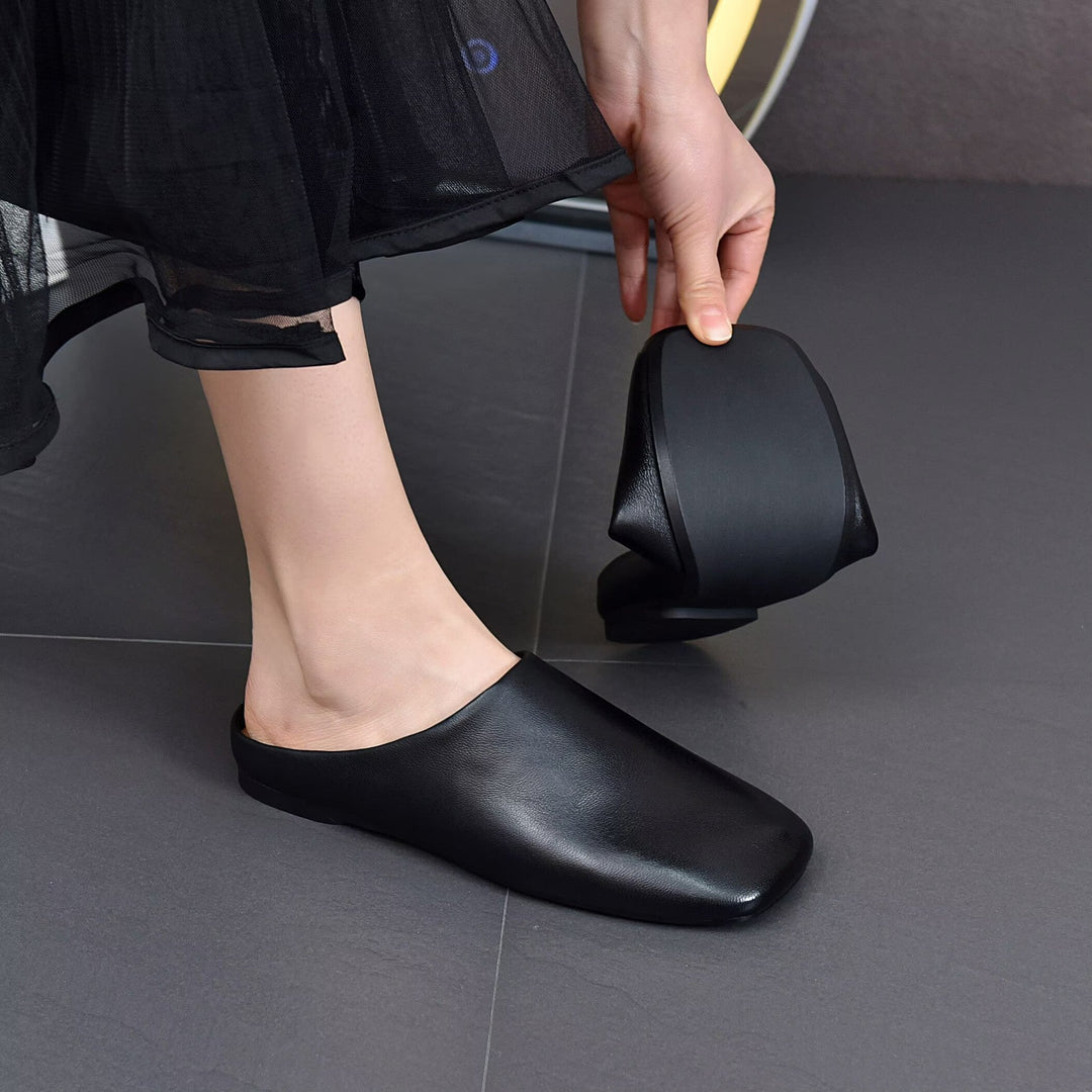 Women's Minimalist Square Toe Leather Slides - Zen Style Summer Mules Flat