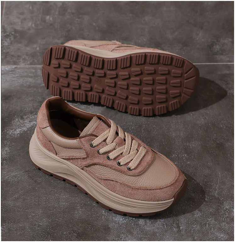 Women's Non-Slip Leather Platform Sneakers – Retro Chunky Sole Design