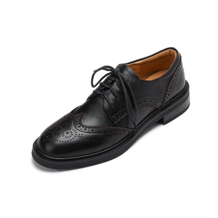 Women's Leather Brogue Shoes Loafers - Classic Lace-up Wingtip Flats