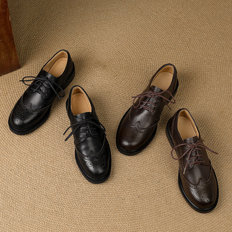 Women's Classic Leather Brogue Lace-Up Oxford Shoes – Vintage Style
