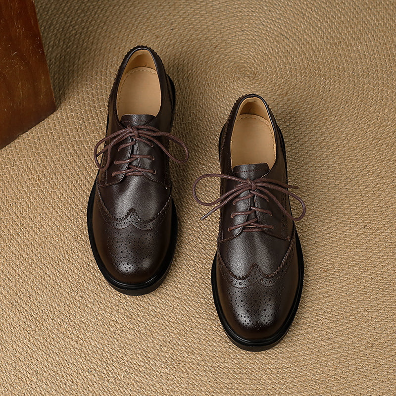 Women's Leather Brogue Shoes Loafers - Classic Lace-up Wingtip Flats