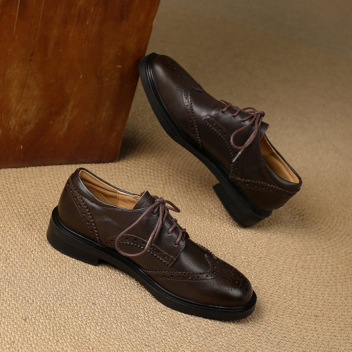 Women's Leather Brogue Shoes Loafers - Classic Lace-up Wingtip Flats