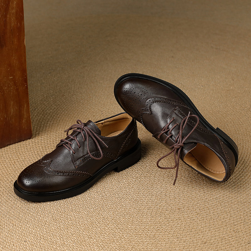 Women's Leather Brogue Shoes Loafers - Classic Lace-up Wingtip Flats