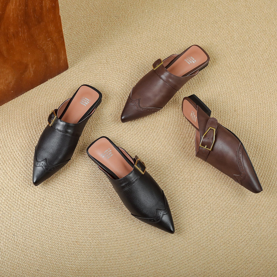 Women's Brogue Vintage Wingtip Pointed Mules - Luxury Leather Slip-on Flats