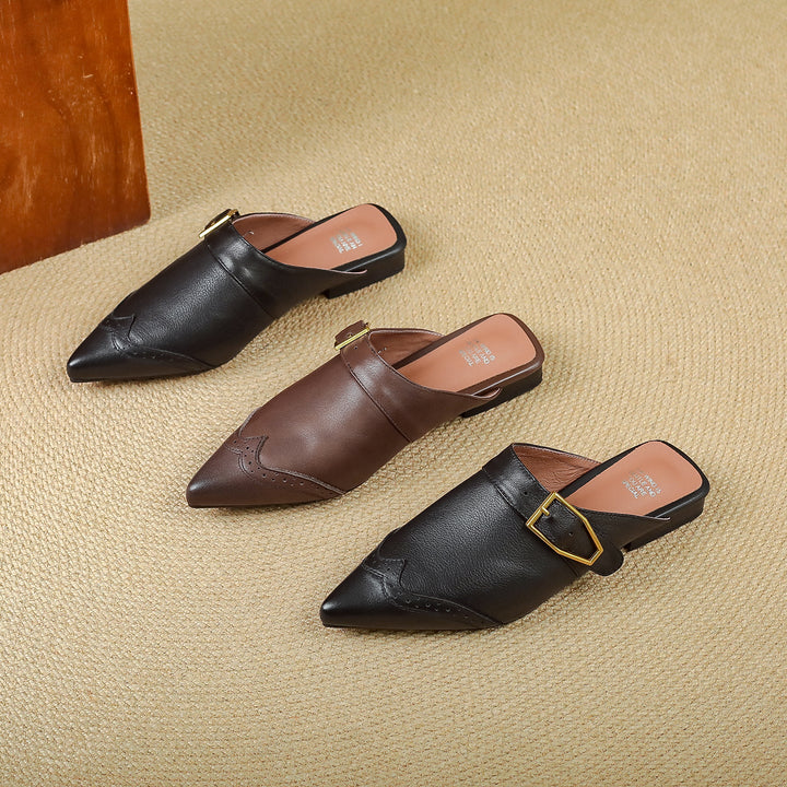 Women's Brogue Vintage Wingtip Pointed Mules - Luxury Leather Slip-on Flats