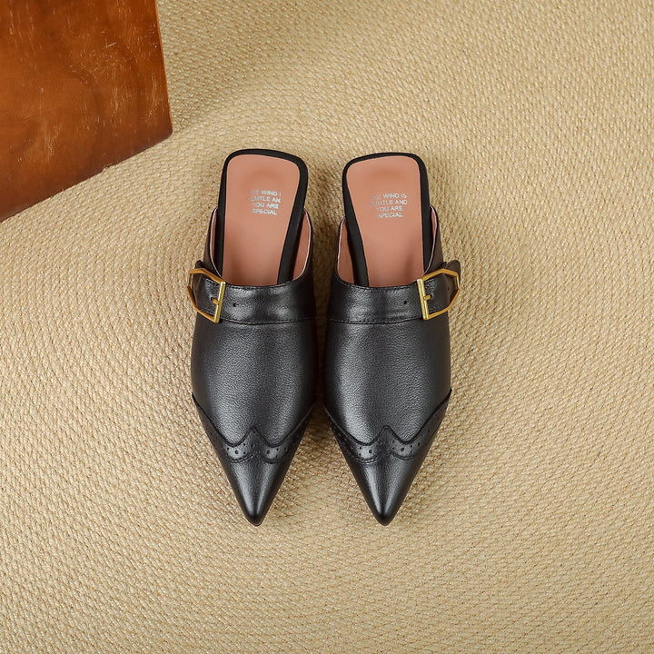 Women's Brogue Vintage Wingtip Pointed Mules - Luxury Leather Slip-on Flats