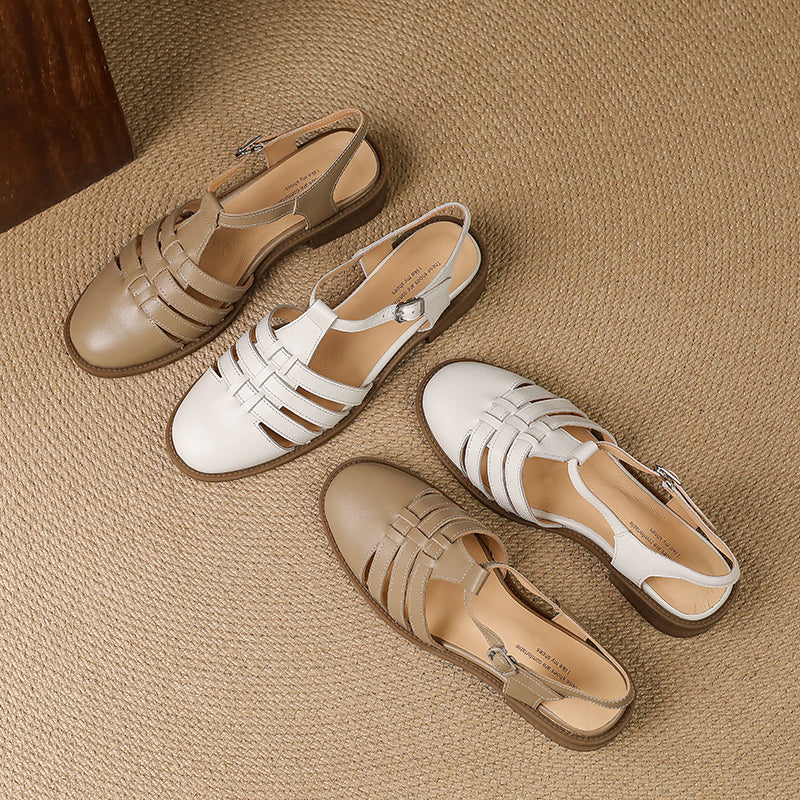 Women's Hand-woven Leather Sandals - Breathable Fisherman Mary Janes - 3.5cm Heel