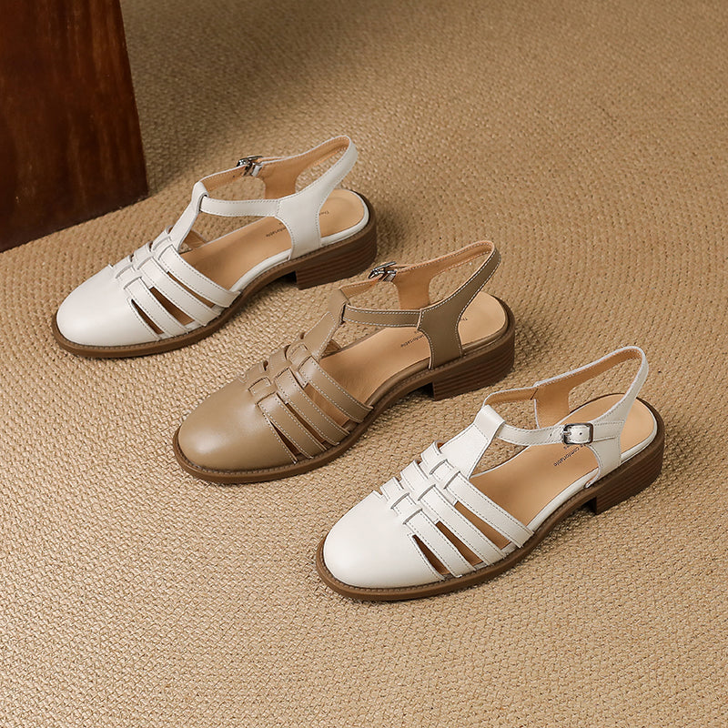 Women's Hand-woven Leather Sandals - Breathable Fisherman Mary Janes - 3.5cm Heel