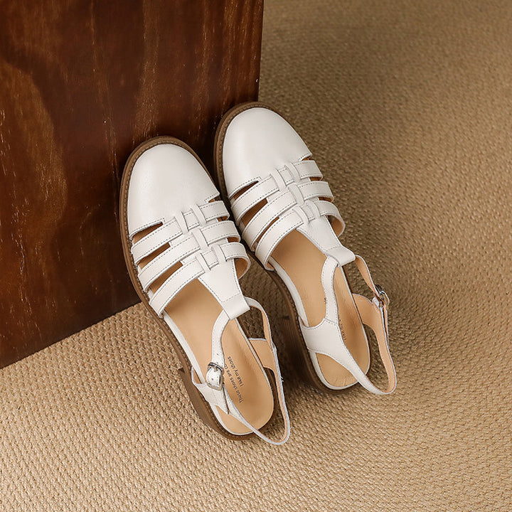 Women's Hand-woven Leather Sandals - Breathable Fisherman Mary Janes - 3.5cm Heel