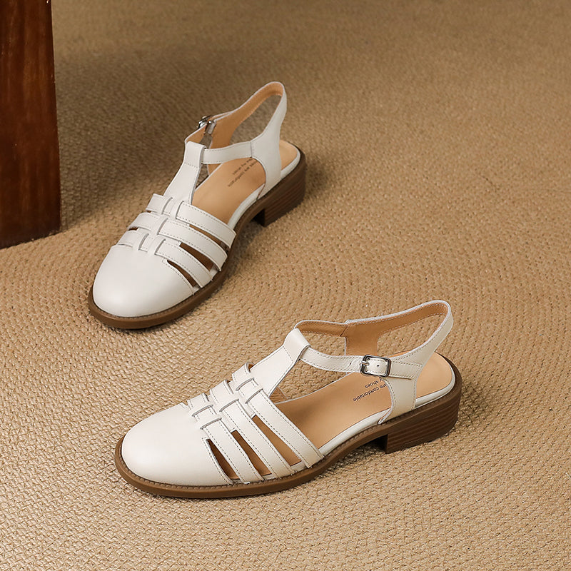 Women's Hand-woven Leather Sandals - Breathable Fisherman Mary Janes - 3.5cm Heel