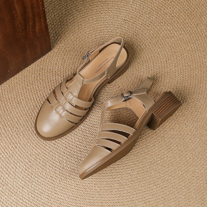 Women's Hand-woven Leather Sandals - Breathable Fisherman Mary Janes - 3.5cm Heel