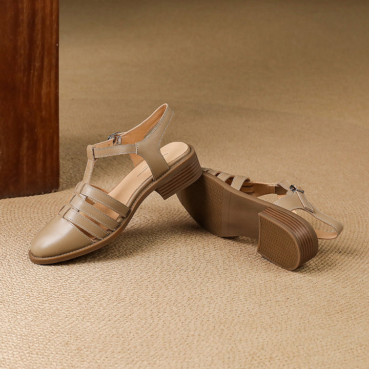 Women's Hand-woven Leather Sandals - Breathable Fisherman Mary Janes - 3.5cm Heel