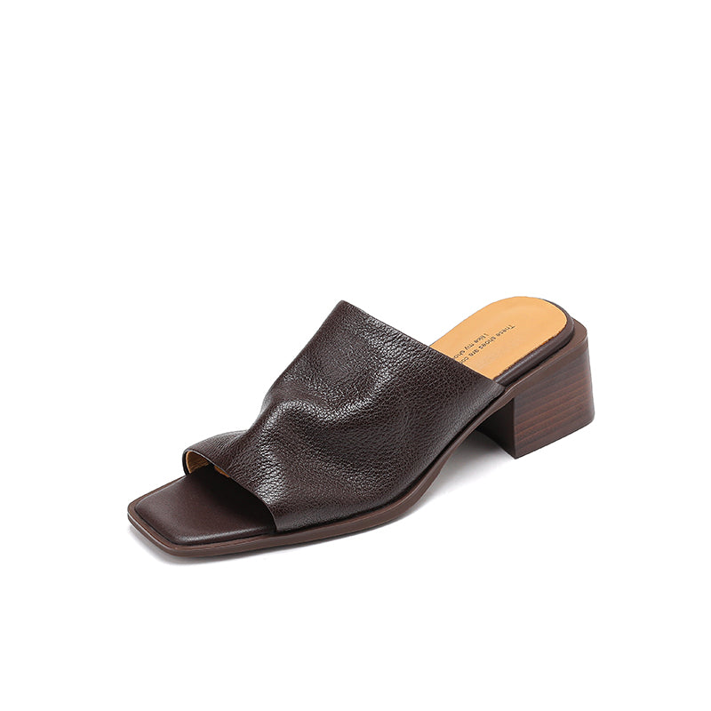 Women‘s Ruched Leather Square Toe Mules Minimalist Sheepskin Block Heel Sandals