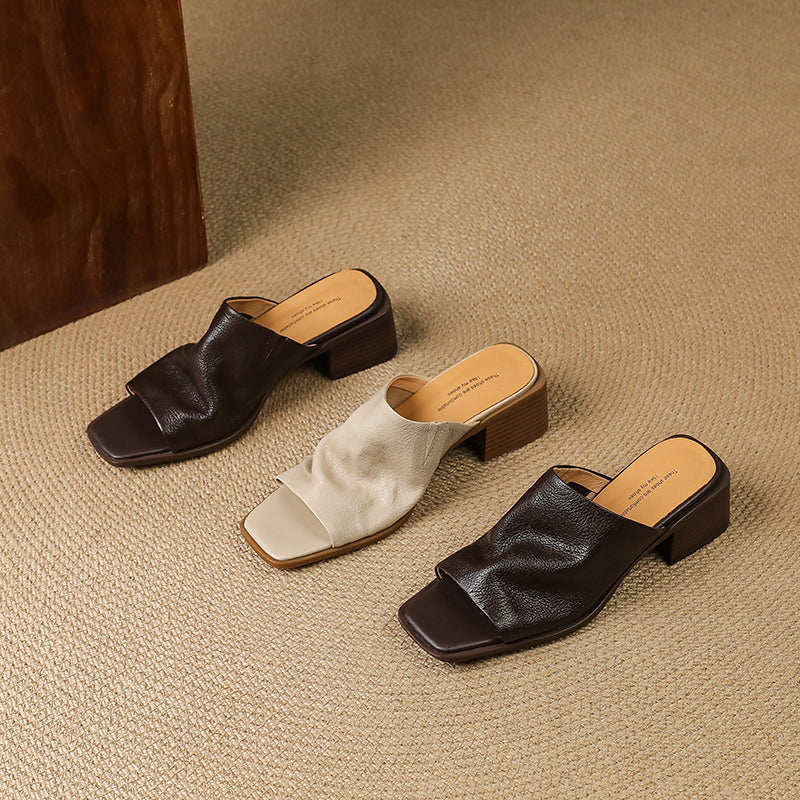 Women‘s Ruched Leather Square Toe Mules Minimalist Sheepskin Block Heel Sandals