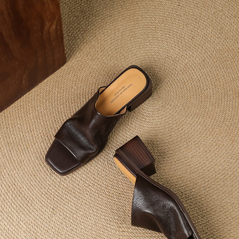 Women‘s Ruched Leather Square Toe Mules Minimalist Sheepskin Block Heel Sandals