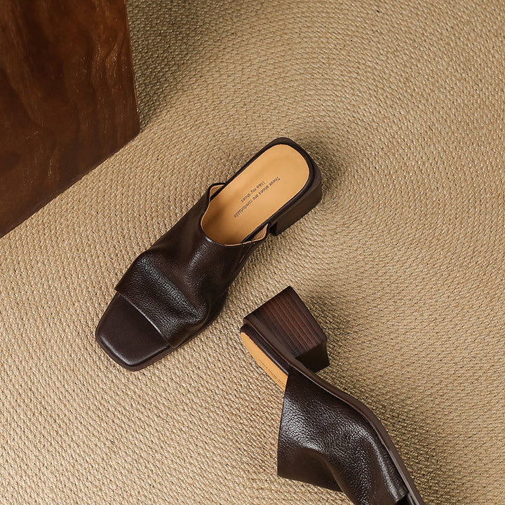 Women‘s Ruched Leather Square Toe Mules Minimalist Sheepskin Block Heel Sandals