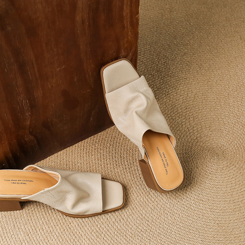 Women‘s Ruched Leather Square Toe Mules Minimalist Sheepskin Block Heel Sandals