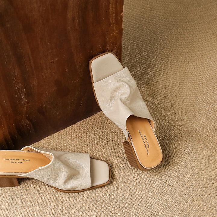 Women‘s Ruched Leather Square Toe Mules Minimalist Sheepskin Block Heel Sandals
