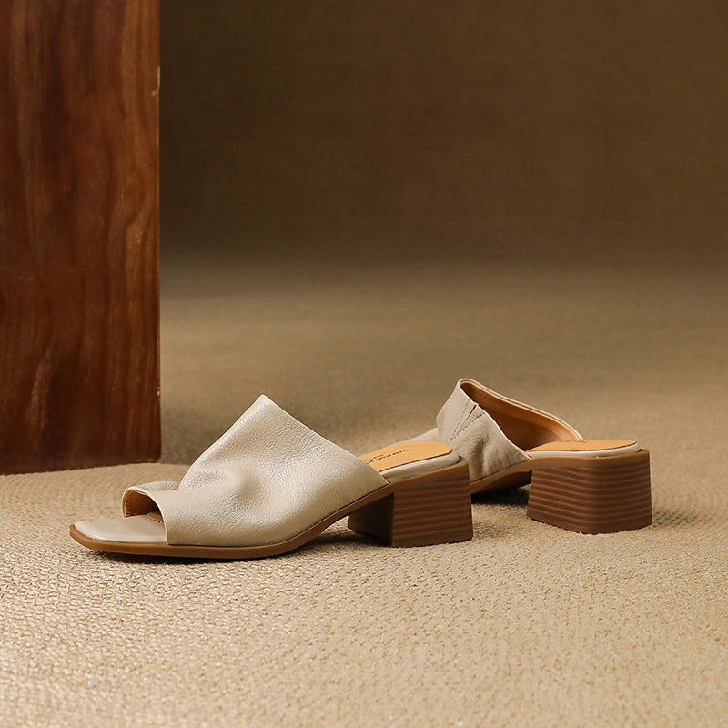 Women‘s Ruched Leather Square Toe Mules Minimalist Sheepskin Block Heel Sandals