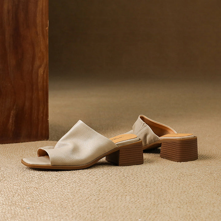 Women‘s Ruched Leather Square Toe Mules Minimalist Sheepskin Block Heel Sandals