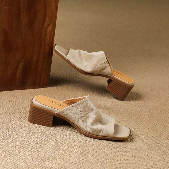 Women‘s Ruched Leather Square Toe Mules Minimalist Sheepskin Block Heel Sandals