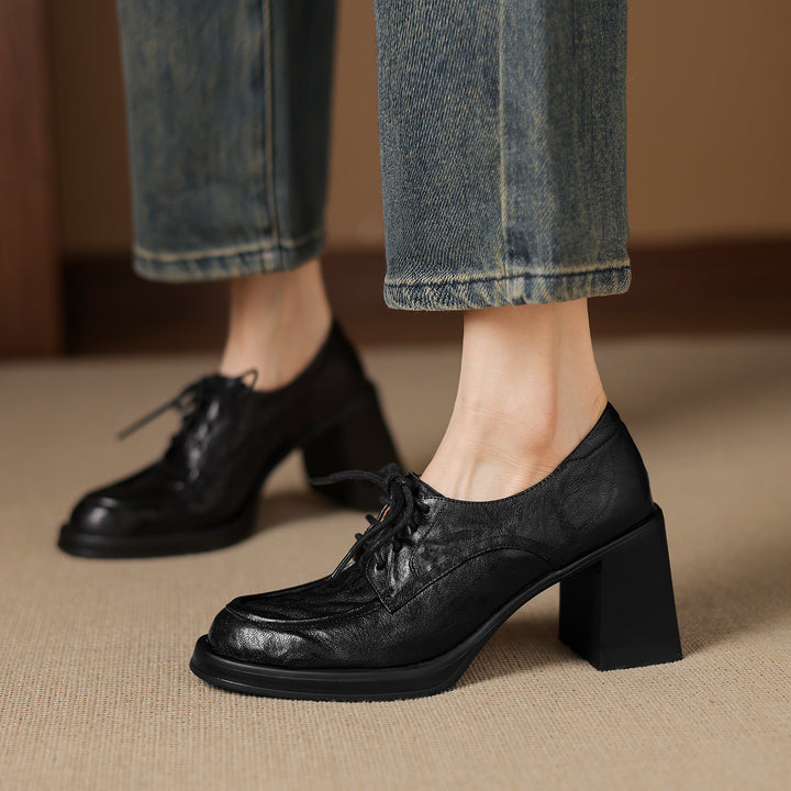 Women's Handmade Sheepskin Oxford Shoes – Business Style Block High Heels