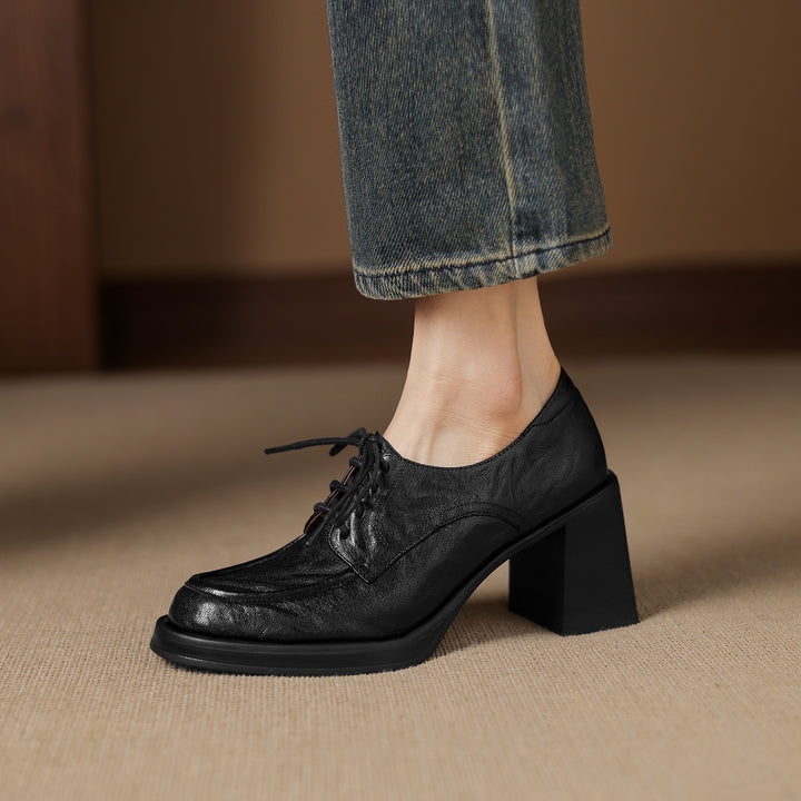 Women's Handmade Sheepskin Oxford Shoes – Business Style Block High Heels
