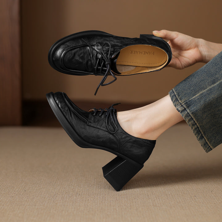 Women's Handmade Sheepskin Oxford Shoes – Business Style Block High Heels