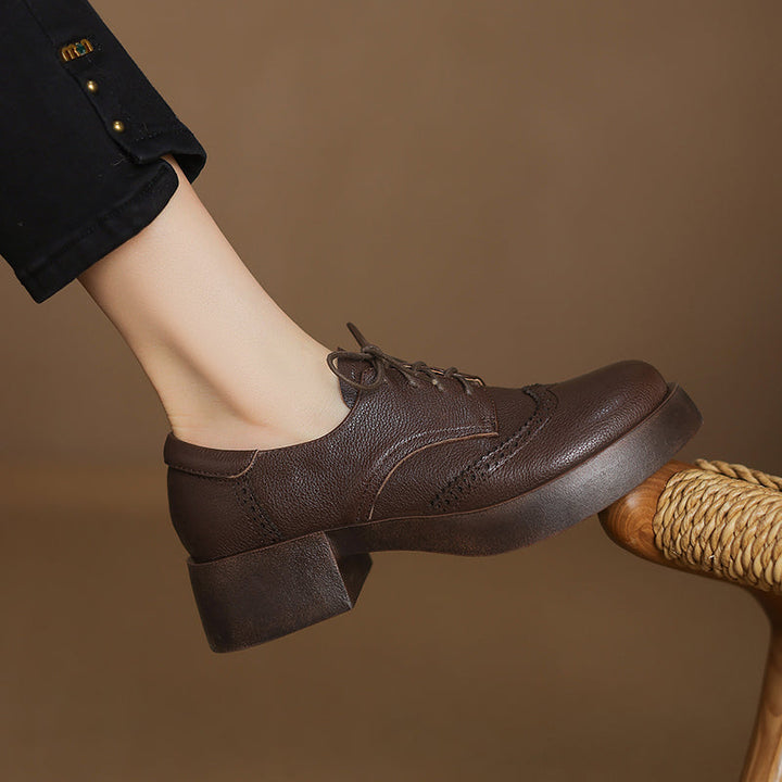 Women's Sheepskin Brogue Oxfords Retro Round Toe Lace-up Platform Chunky Heel Derby Shoes