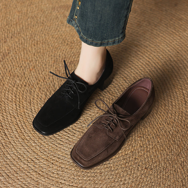 Women‘s Retro Suede Oxfords Vintage Square Toe Lace-up Block Heel Pumps