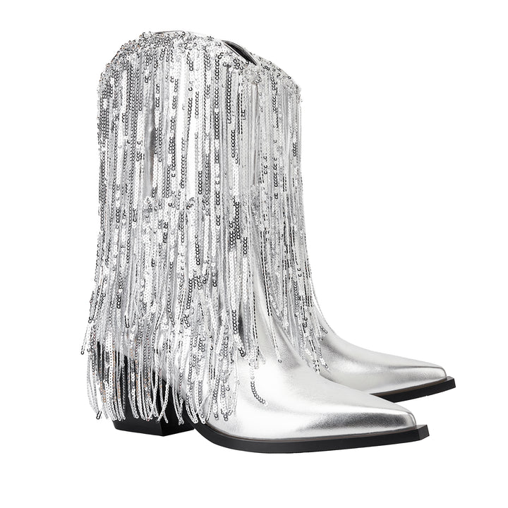 Womens Metallic Sequin Fringed Zipper Pointy Chunky Heeled Western Cowgirl Ankle Boots