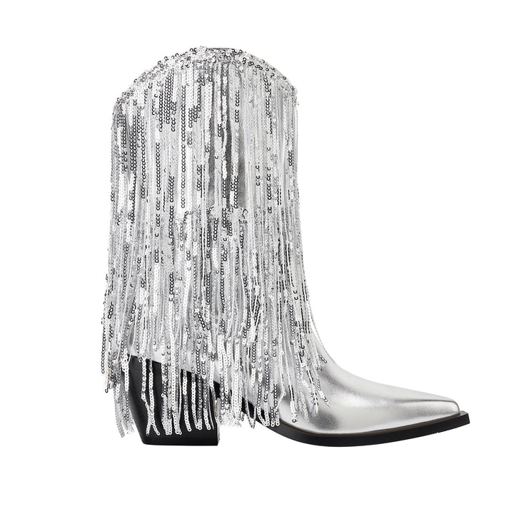 Womens Metallic Sequin Fringed Zipper Pointy Chunky Heeled Western Cowgirl Ankle Boots