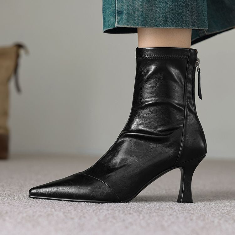 Women's Pointed-Toe Slim Ankle Boots - Kitten Heel & Back Zipper
