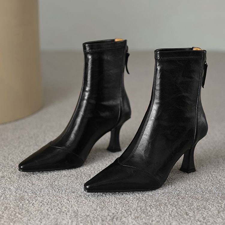 Women's Pointed-Toe Slim Ankle Boots - Kitten Heel & Back Zipper