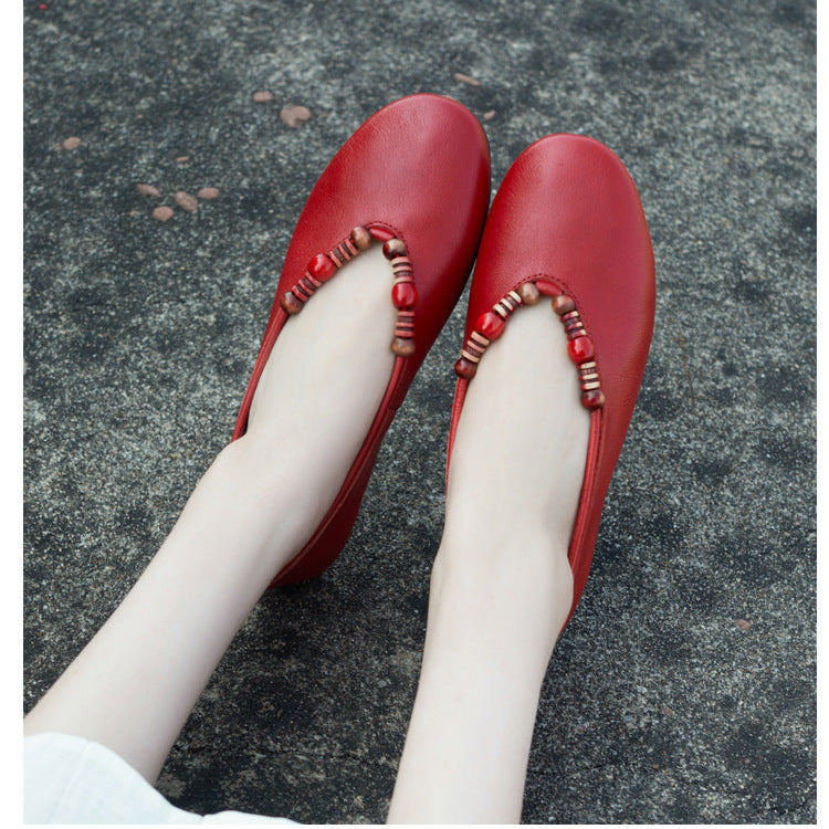 Women's Leather Ballet Flats - Vintage Beaded Loafers, Slip-on Round Toe Spring Summer Comfort Shoes