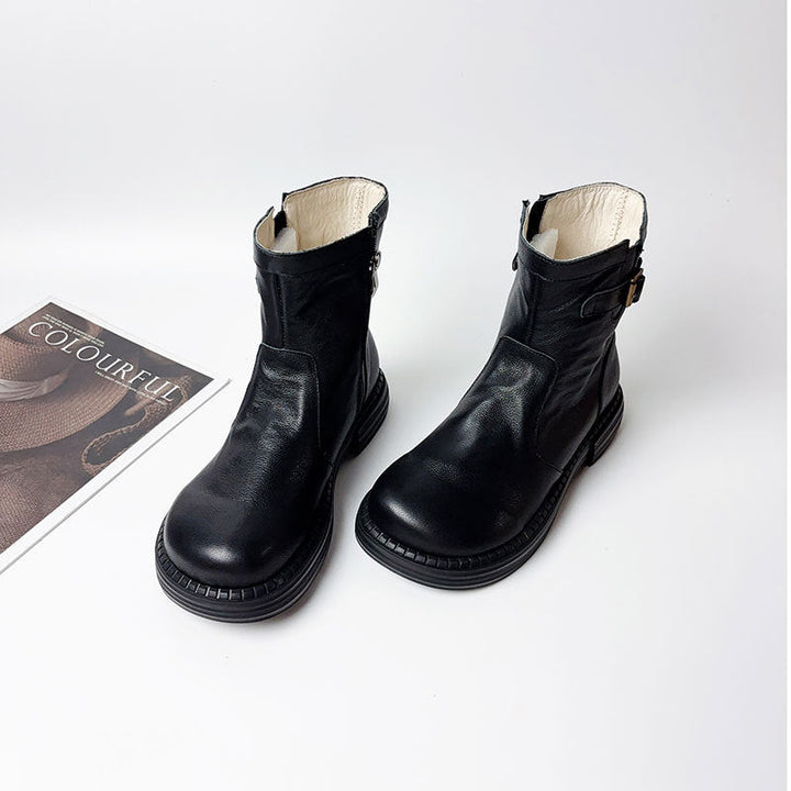 Women's Cowhide Leather Ankle Boots Side Zipper Buckle Strap Casual Low Heel Booties