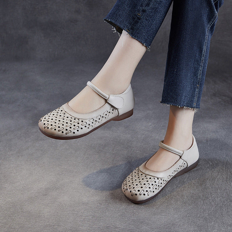 Women's Leather Mary Jane Sandals - Vintage Perforated Cut-Out Closed Round Toe Flat Shoes with Velcro