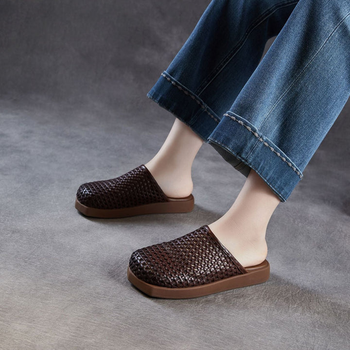 Women's Square Toe Woven Mules Genuine Leather Platform Slippers Barefoot-Friendly