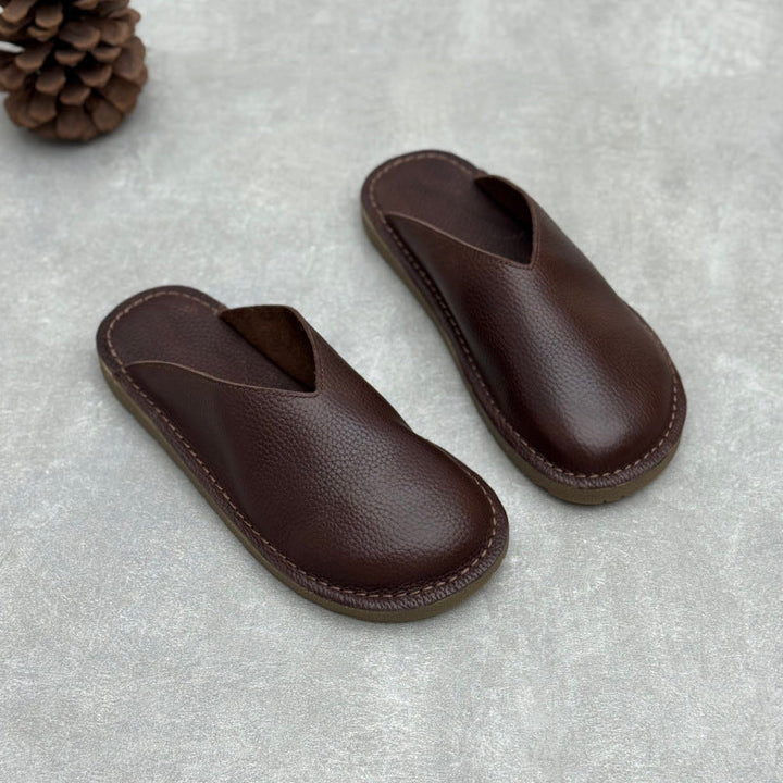 Minimalist V-Cut Cowhide Summer Mules Women's Leather Zen Flat Summer Slides