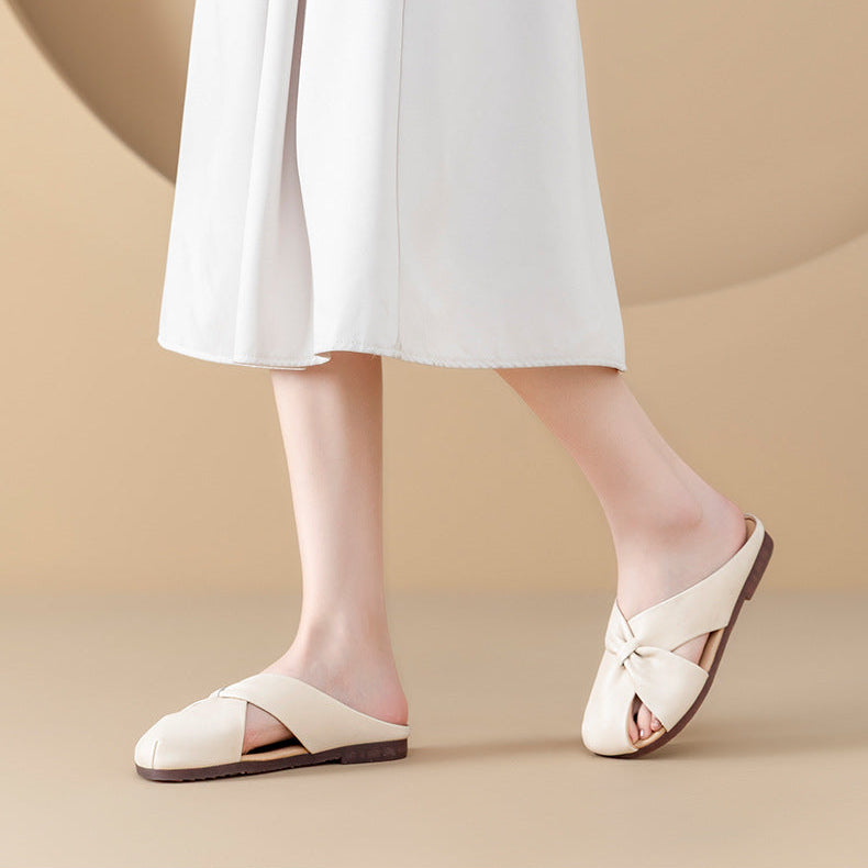 Women's Leather Mules - Closed Round Toe Flat Sandals Casual Slip-On Slides