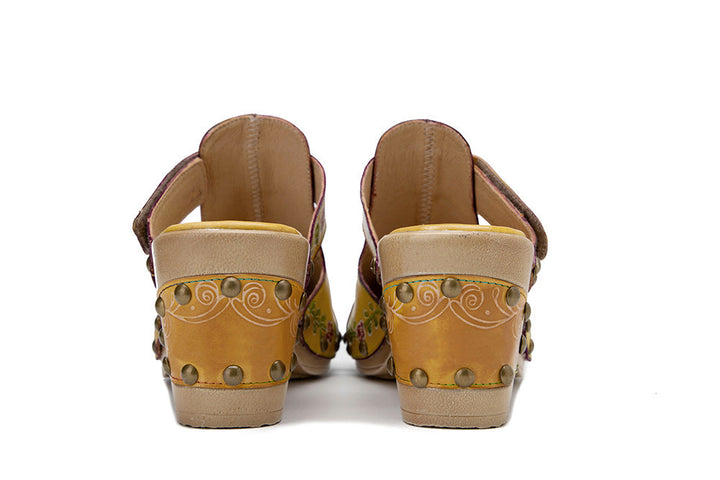 Boho Artisan Leather Mules for Women - Floral Printed Summer Sandals with Unique Studded Heel