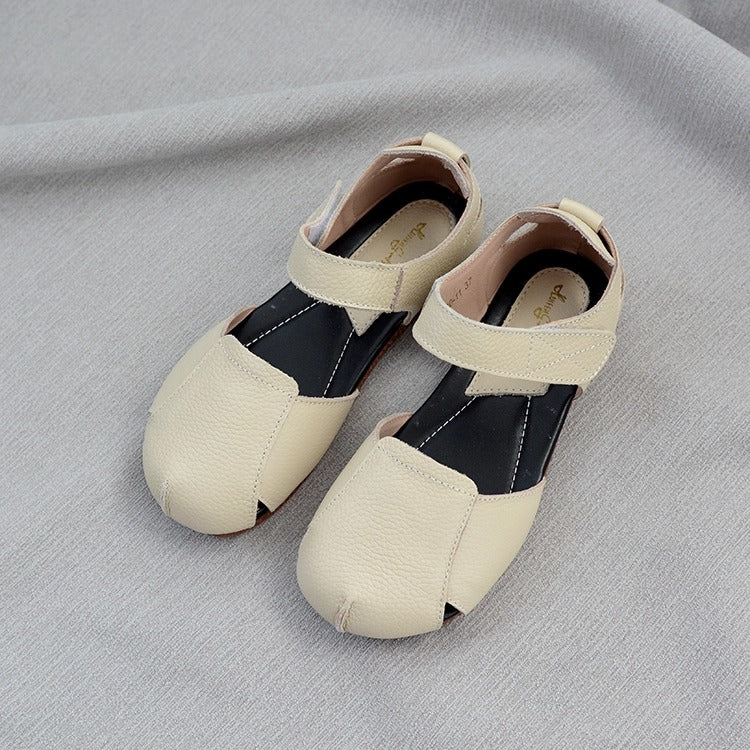 Women's Soft Leather Closed-Toe Velcro Sandals – Comfortable Flat Style