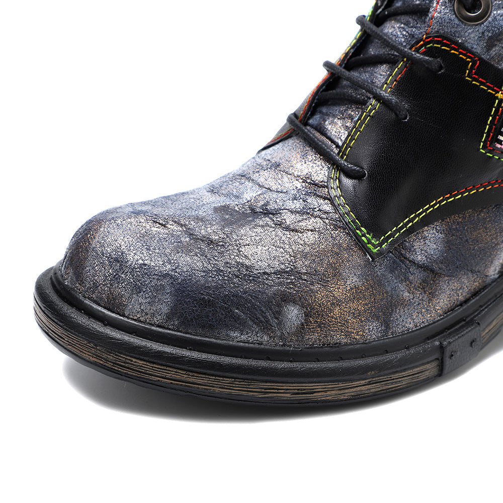 Floral Print Combat Boots for Women - Leather Lace-up Booties with Side Zipper