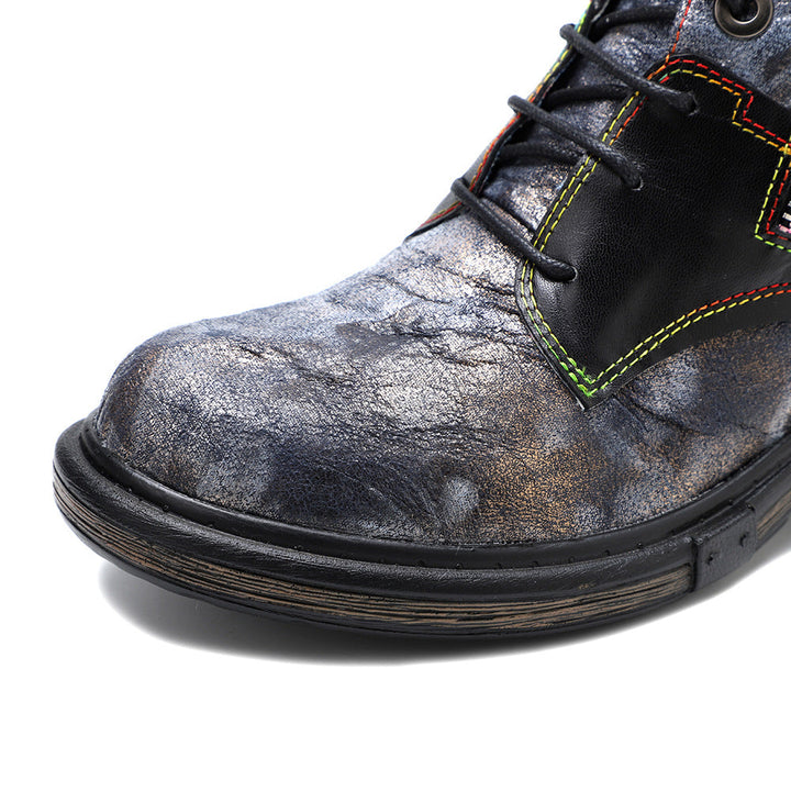 Floral Print Combat Boots for Women - Leather Lace-up Booties with Side Zipper