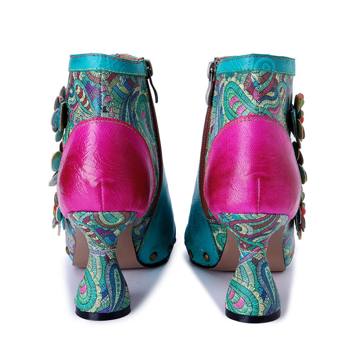 Bohemian Floral Sheepskin Booties for Women - Peep Toe Summer Sandals