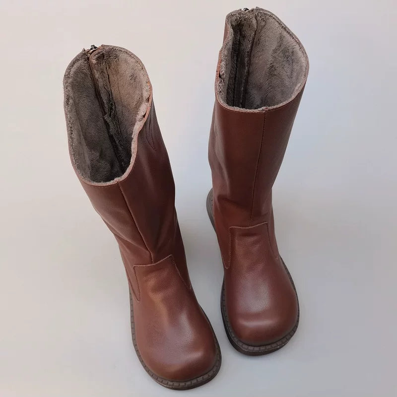 Women's Genuine Cowhide High Boots with Wide Toe Box Warm Lining Winter Style