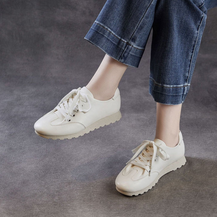 Women's Minimalist Architectural White Trainers - Premium All-Leather Walking Shoes