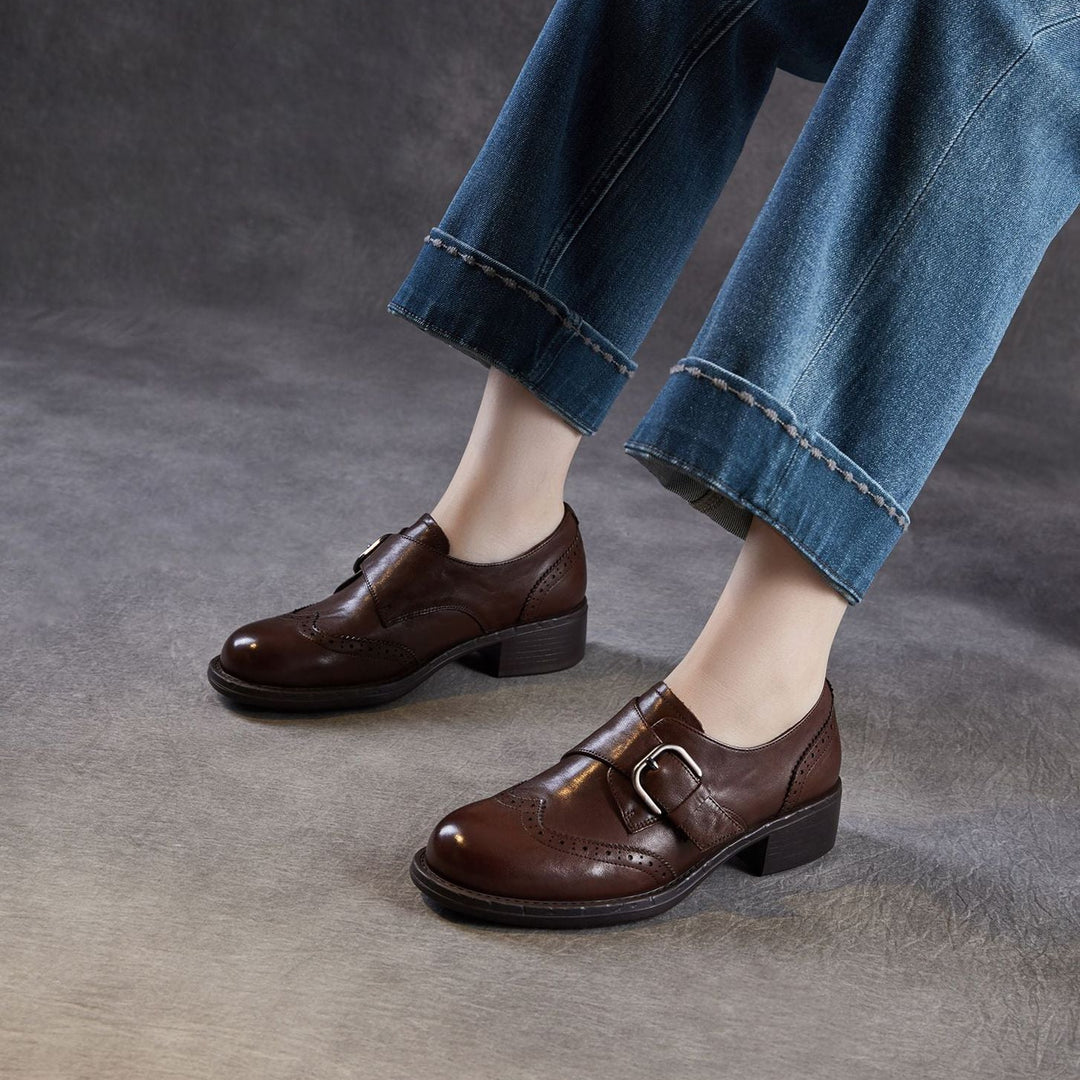 Women's Retro Leather Monk Strap Shoes Vintage Round Toe Brogue Chunky Heels