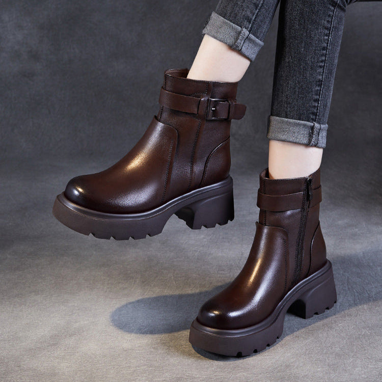 Women's Stylish Genuine Leather Platform Boots – Chunky Heel, Buckle & Side Zip