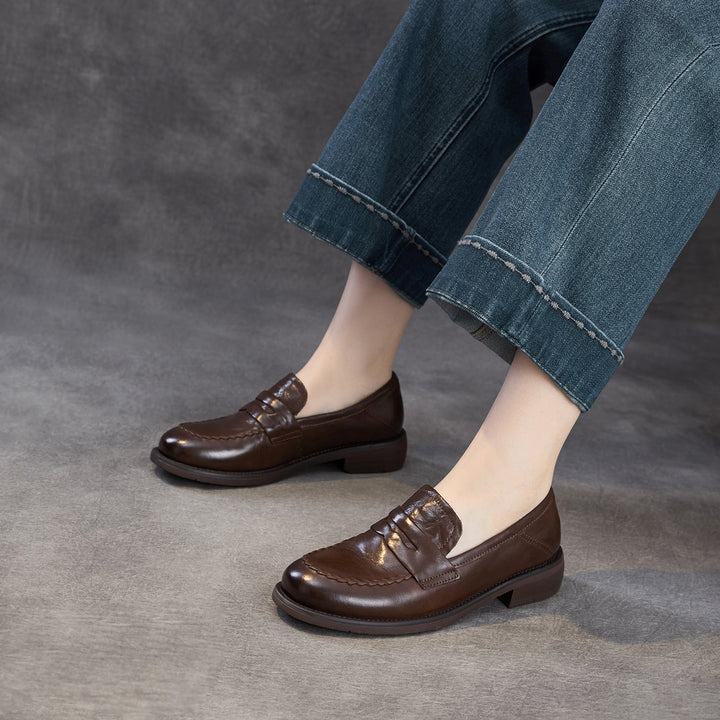 Women's Genuine Leather Penny Loafers Vintage Slip-on Round Toe Low Heel Shoes